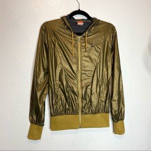 Nike Athletic Department Gold Shiny Windbreaker Jacket Coat with Hood Small